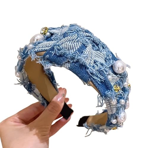 WANYI Haarreifen Haarreif Damen Stirnbänder aus Polyester Mode Perlen Stirnband mit Strasssteine Haarband Haarschmuck für Damen Mädchen Modische Accessoires(T Blau 02) von WANYI