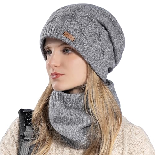 WANYI Damen Mütze Winter Beanie Slouchy Wintermütze Strickmütze Warme Mützen Schal Set mit Weichem Innenfutter für Herbst Winter Frühjahr (Hellgrau) von WANYI