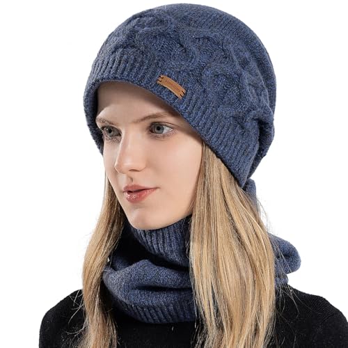 WANYI Damen Mütze Winter Beanie Slouchy Wintermütze Strickmütze Warme Mützen Schal Set mit Weichem Innenfutter für Herbst Winter Frühjahr (Marineblau) von WANYI