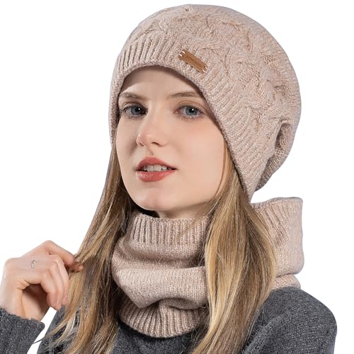 WANYI Damen Mütze Winter Beanie Slouchy Wintermütze Strickmütze Warme Mützen Schal Set mit Weichem Innenfutter für Herbst Winter Frühjahr (Rosa) von WANYI