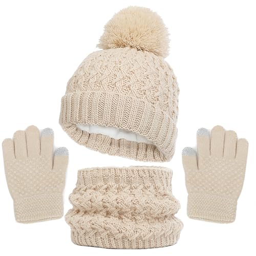 WANYI Mütze Schal Set Mädchen, Wintermütze Kinder Beanie Mütze Schal Handschuhe Set Mützen Jungen Warme Bommelmütze Strickmütze mit Weichem Innenfutter für Kinder 1-6 Jahre (A, Beige) von WANYI