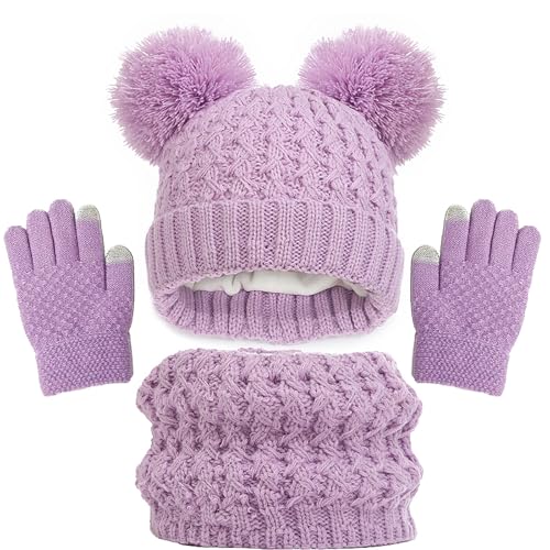 WANYI Mütze Schal Set Mädchen, Wintermütze Kinder Beanie Mütze Schal Handschuhe Set Mützen Jungen Warme Bommelmütze Strickmütze mit Weichem Innenfutter für Kinder 1-6 Jahre (Lila) von WANYI