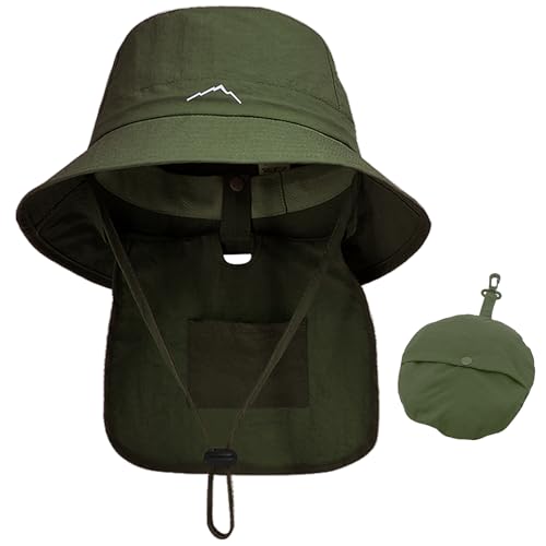 WANYI Sonnenhut Damen Herren mit Nackenklappe UV-Schutz Faltbar Sommerhut Fischerhut Wasserdicht Schnell Trocken Boonie Hut Outdoor Wanderhut Regenhut Safari Hut 55-58CM(Armeegrün) von WANYI