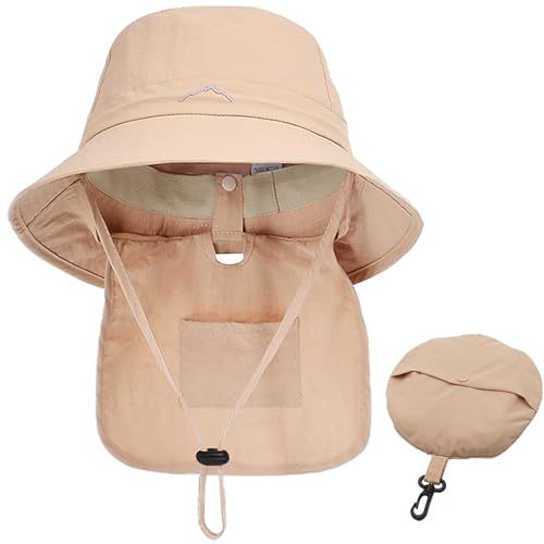 WANYI Sonnenhut Damen Herren mit Nackenklappe UV-Schutz Faltbar Sommerhut Fischerhut Wasserdicht Schnell Trocken Boonie Hut Outdoor Wanderhut Regenhut Safari Hut 55-58CM(Beige) von WANYI