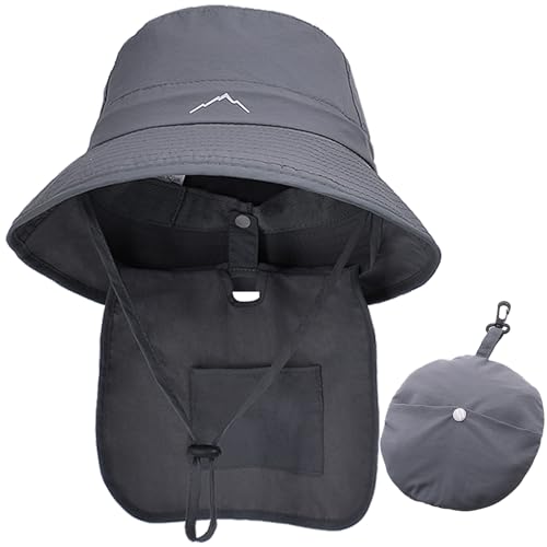 WANYI Sonnenhut Damen Herren mit Nackenklappe UV-Schutz Faltbar Sommerhut Fischerhut Wasserdicht Schnell Trocken Boonie Hut Outdoor Wanderhut Regenhut Safari Hut 55-58CM(Dunkelgrau) von WANYI