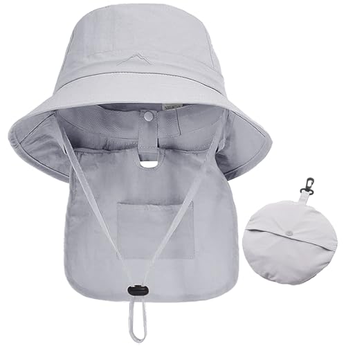 WANYI Sonnenhut Damen Herren mit Nackenklappe UV-Schutz Faltbar Sommerhut Fischerhut Wasserdicht Schnell Trocken Boonie Hut Outdoor Wanderhut Regenhut Safari Hut 55-58CM(Hellgrau) von WANYI