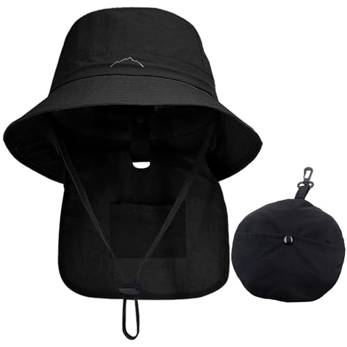 WANYI Sonnenhut Damen Herren mit Nackenklappe UV-Schutz Faltbar Sommerhut Fischerhut Wasserdicht Schnell Trocken Boonie Hut Outdoor Wanderhut Regenhut Safari Hut 55-58CM(Schwarz) von WANYI