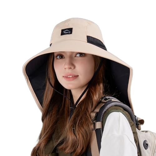 WANYI Sonnenhut Damen Herren mit Nackenschutz 360°UV-Schutz Fischerhut Sommerhut Breiter Krempe Mesh Anglerhut Wasserdicht Atmungsaktives Wanderhut Outdoor Safari Hut Schnell Trocken(Beige) von WANYI