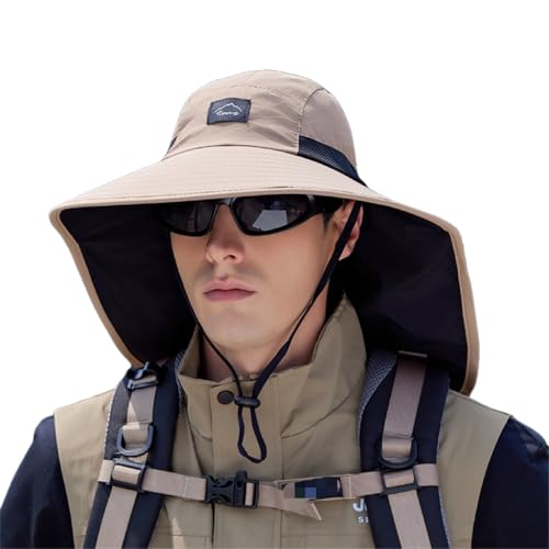WANYI Sonnenhut Damen Herren mit Nackenschutz 360°UV-Schutz Fischerhut Sommerhut Breiter Krempe Mesh Anglerhut Wasserdicht Atmungsaktives Wanderhut Outdoor Safari Hut Schnell Trocken(Khaki) von WANYI