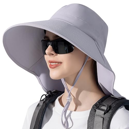WANYI Sonnenhut Damen mit Nackenschutz Breite Krempe Sommer Sonnenschutz Hut Outdoor Wanderhut UV Schutz Fischerhut mit Pferdeschwanz-Loch für Angler, Garten, Sandstrand 55-60C（Grau） von WANYI