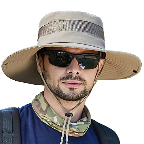 WANYI Sonnenhut Herren UV Schutz Outdoor Wanderhut Fischerhut Trekking Faltbar SafariHut Boonie Hat Dschungelhut Gartenhut Anglerhut Damen mit Kinnband 56-60CM (90 Khaki) von WANYI