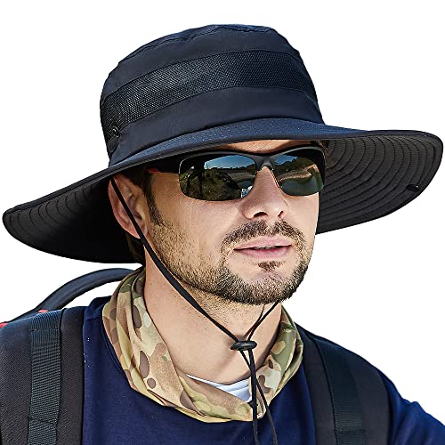 WANYI Sonnenhut Herren UV Schutz Outdoor Wanderhut Fischerhut Trekking Faltbar SafariHut Boonie Hat Dschungelhut Gartenhut Anglerhut Damen mit Kinnband 56-60CM (90 Schwarz) von WANYI