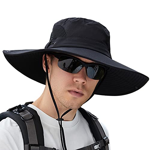 WANYI Sonnenhut Herren UV Schutz Outdoor Wanderhut Fischerhut Trekking Faltbar SafariHut Boonie Hat Dschungelhut Gartenhut Anglerhut Damen mit Kinnband 56-60CM (927 Schwarz) von WANYI