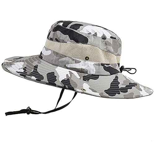 WANYI Sonnenhut Herren UV Schutz Outdoor Wanderhut Fischerhut Trekking Faltbar SafariHut Boonie Hat Dschungelhut Gartenhut Anglerhut Damen mit Kinnband 58-60CM (Tarnbeige) von WANYI