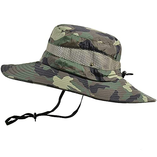 WANYI Sonnenhut Herren UV Schutz Outdoor Wanderhut Fischerhut Trekking Faltbar SafariHut Boonie Hat Dschungelhut Gartenhut Anglerhut Damen mit Kinnband 58-60CM (Tarnung Armeegrün) von WANYI