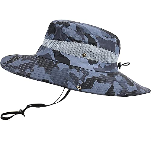 WANYI Sonnenhut Herren UV Schutz Outdoor Wanderhut Fischerhut Trekking Faltbar SafariHut Boonie Hat Dschungelhut Gartenhut Anglerhut Damen mit Kinnband 58-60CM (Tarnung dunkelgrau) von WANYI