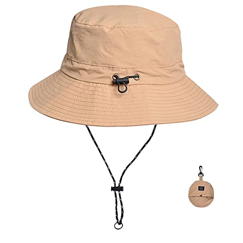 WANYI Unisex Fischerhut Heren Sommer mit Schnur Abnehmbar Sonnenhut Damen Faltbar UV Schutz Sommerhut Anglerhut Wasserdicht Tragbar Bucket Hat Regenhut 55-58cm (Khaki) von WANYI