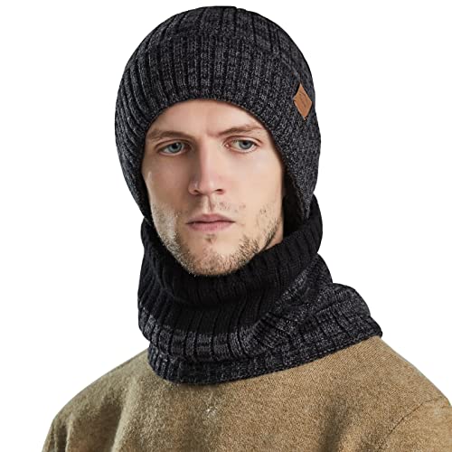 WANYI Wintermütze Herren Damen Schal Set Vliesverdickung Paar Winter Beanie Mütze Strickmütze Wollmütze Laufmützen Doppelschichtiger Plüschfutterhut und Halswärmer (35 Schwarz) von WANYI