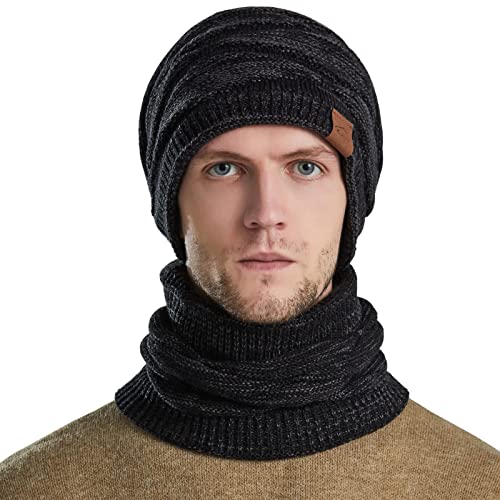 WANYI Wintermütze Herren Damen Schal Set Vliesverdickung Paar Winter Beanie Mütze Strickmütze Wollmütze Laufmützen Doppelschichtiger Plüschfutterhut und Halswärmer (46 schwarz) von WANYI