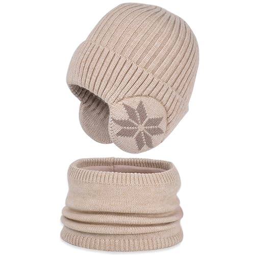 WANYI Winter Mütze Schal Set Damen Winddicht Wintermütze Strickmütze Beanie Mütze Warme Ohrenmütze mit Fleece Gefütterte 55-60cm（Beige） von WANYI