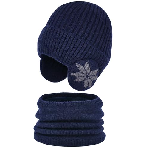 WANYI Winter Mütze Schal Set Damen Winddicht Wintermütze Strickmütze Beanie Mütze Warme Ohrenmütze mit Fleece Gefütterte 55-60cm（Marineblau） von WANYI