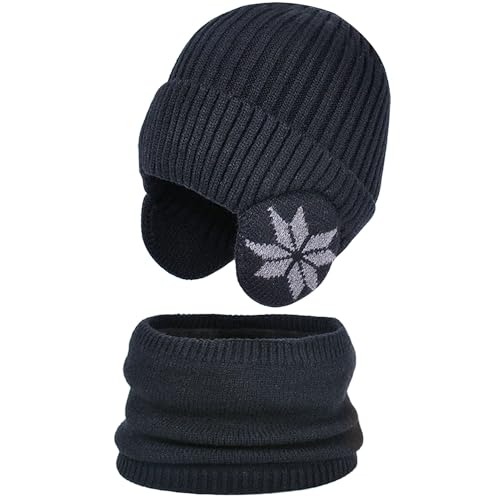 WANYI Winter Mütze Schal Set Damen Winddicht Wintermütze Strickmütze Beanie Mütze Warme Ohrenmütze mit Fleece Gefütterte 55-60cm（Schwarz） von WANYI