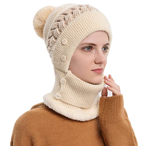 WANYI 2 in 1 Winter Mütze für Damen Wintermütze Strickmütze mit Schal Warme Mütze Kreis Schal Set Winddichte Balaclava Sturmhaube mit Fleecefutter 55-60CM (87 Beige) von WANYI
