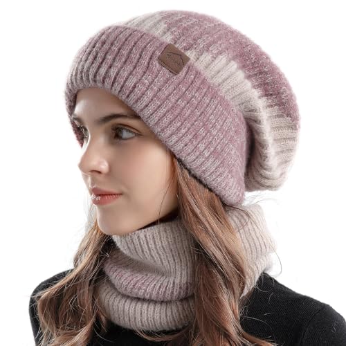 WANYIG 2 in 1 Damen Wintermütze Schalmütze Warme Mütze Schal Set Outdoor Beanie Hut Neck Warmer Kopfbedeckung mit Weichem Innenfutter Gefütterte(Rosa) von WANYIG