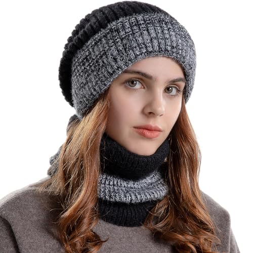 WANYIG Winter Mütze mit Schal Damen Wintermütze Warm Strickmütze Wollmütze Weich Gestrickt Beanie Loop Schal Set für Herbst Winter 55-60cm(Schwarz) von WANYIG