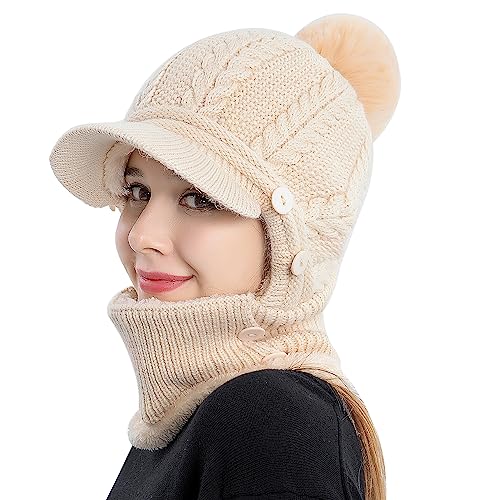 WANYIG 2 in 1 Winter Strickmütze Schal Mütze Set Winddichte Wintermütze Damen Fliegermütze mit Ohrenschutz Warm Skimütze mit Schal Bommel Plüschfutter(07 Beige) von WANYIG