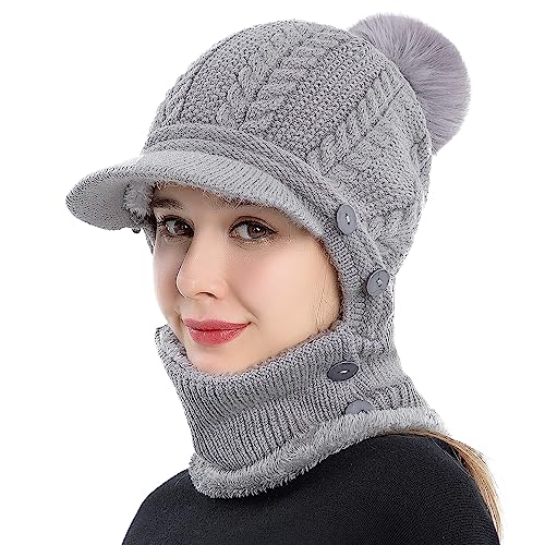 WANYIG 2 in 1 Winter Strickmütze Schal Mütze Set Winddichte Wintermütze Damen Fliegermütze mit Ohrenschutz Warm Skimütze mit Schal Bommel Plüschfutter(07 Grau) von WANYIG