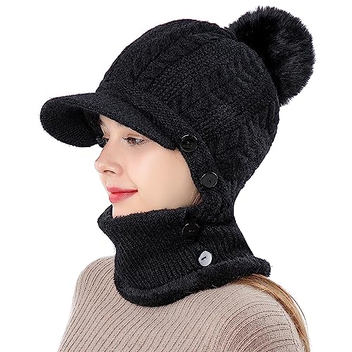 WANYIG 2 in 1 Winter Strickmütze Schal Mütze Set Winddichte Wintermütze Damen Fliegermütze mit Ohrenschutz Warm Skimütze mit Schal Bommel Plüschfutter(07 Schwarz) von WANYIG