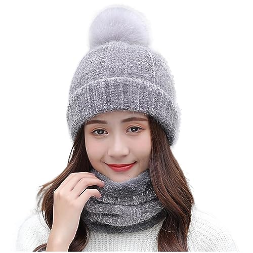 WANYIG 2 in 1 Winter Strickmütze Schal Mütze Set Wintermütze Beanie Damen Warme Loop Strickschal Winddichte Cap mit Fleecefutter 55-60CM(16 Grau) von WANYIG