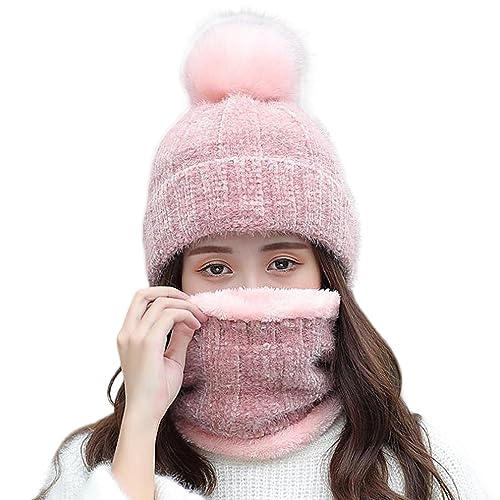 WANYIG 2 in 1 Winter Strickmütze Schal Mütze Set Wintermütze Beanie Damen Warme Loop Strickschal Winddichte Cap mit Fleecefutter 55-60CM(16 Rosa) von WANYIG