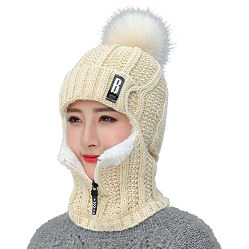 WANYIG 2 in 1 Winter Strickmütze Schal Mütze Set Wintermütze Beanie Damen Warme Loop Strickschal Winddichte Cap mit Fleecefutter 55-60CM (Beige) von WANYIG