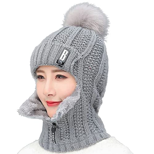 WANYIG 2 in 1 Winter Strickmütze Schal Mütze Set Wintermütze Beanie Damen Warme Loop Strickschal Winddichte Cap mit Fleecefutter 55-60CM (Grau) von WANYIG