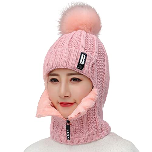 WANYIG 2 in 1 Winter Strickmütze Schal Mütze Set Wintermütze Beanie Damen Warme Loop Strickschal Winddichte Cap mit Fleecefutter 55-60CM (Rosa) von WANYIG