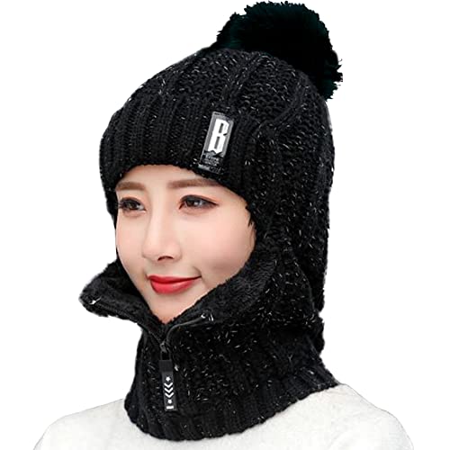 WANYIG 2 in 1 Winter Strickmütze Schal Mütze Set Wintermütze Beanie Damen Warme Loop Strickschal Winddichte Cap mit Fleecefutter 55-60CM (Schwarz) von WANYIG