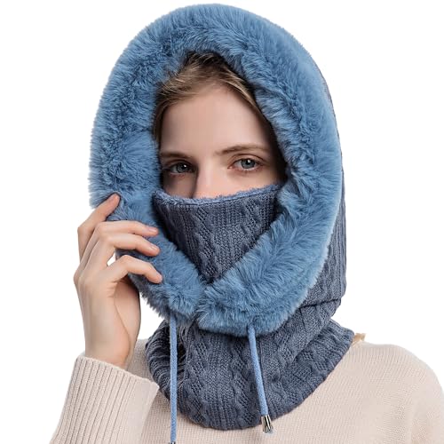WANYIG 2 in 1 Wintermütze Strickmütze Warme Mütze Kreis Schal Set Balaclava Winter Stricken Mütze mit Fleecefutter für Damen Winddichte Mütze Kälteschutz Skimütze 56-60CM (Blau) von WANYIG