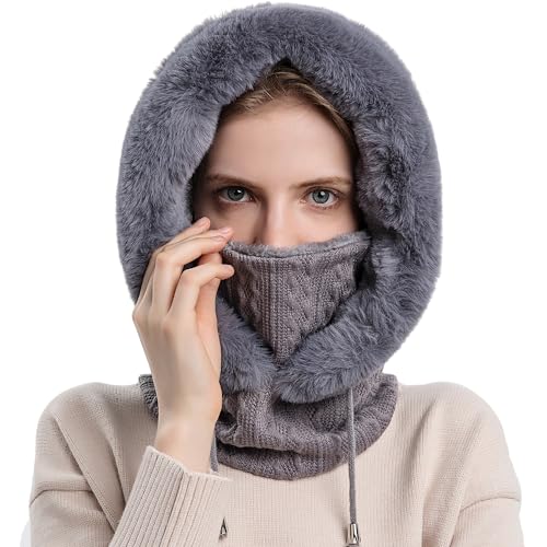 WANYIG 2 in 1 Wintermütze Strickmütze Warme Mütze Kreis Schal Set Balaclava Winter Stricken Mütze mit Fleecefutter für Damen Winddichte Mütze Kälteschutz Skimütze 56-60CM (Grau) von WANYIG