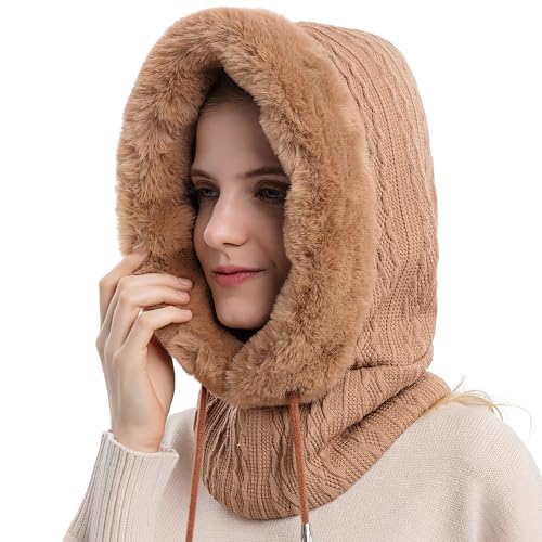 WANYIG 2 in 1 Wintermütze Strickmütze Warme Mütze Kreis Schal Set Balaclava Winter Stricken Mütze mit Fleecefutter für Damen Winddichte Mütze Kälteschutz Skimütze 56-60CM (Khaki) von WANYIG