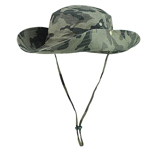 WANYIG Camouflage Sonnenhut Herren Damen UV Schutz Baumwolle Sommerhut Breite Krempe 11CM Faltbar Fischerhut Wanderhut Safarihut Outdoor Sonnenschutz Anglerhut Buschhut 55-62CM (31 Armeegrün) von WANYIG