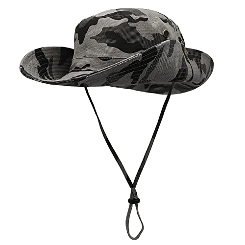 WANYIG Camouflage Sonnenhut Herren Damen UV Schutz Baumwolle Sommerhut Breite Krempe 11CM Faltbar Fischerhut Wanderhut Safarihut Outdoor Sonnenschutz Anglerhut Buschhut 55-62CM (31 Grau) von WANYIG