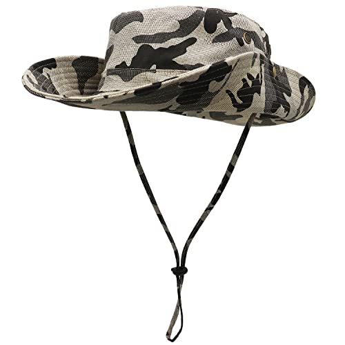 WANYIG Camouflage Sonnenhut Herren Damen UV Schutz Baumwolle Sommerhut Breite Krempe 11CM Faltbar Fischerhut Wanderhut Safarihut Outdoor Sonnenschutz Anglerhut Buschhut 55-62CM (31 Khaki) von WANYIG