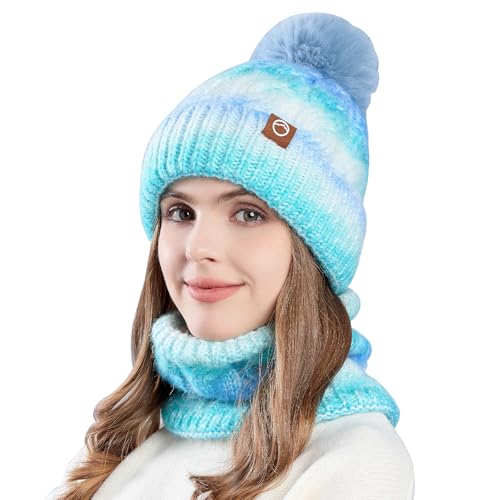 WANYIG Mütze Damen Winter Beanie Schal Set Warm Wintermütze Strickmütze mit Schal Herbst Mütze und Schal set mit bommel/Weichem Fleece Innenfutter(Farbverlauf Blau) von WANYIG