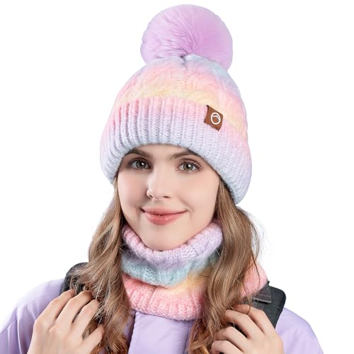 WANYIG Mütze Damen Winter Beanie Schal Set Warm Wintermütze Strickmütze mit Schal Herbst Mütze und Schal set mit bommel/Weichem Fleece Innenfutter(Farbverlauf Gelb) von WANYIG