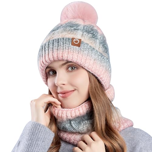 WANYIG Mütze Damen Winter Beanie Schal Set Warm Wintermütze Strickmütze mit Schal Herbst Mütze und Schal set mit bommel/Weichem Fleece Innenfutter(Farbverlauf Rosa) von WANYIG