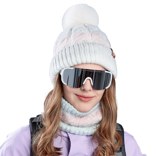 WANYIG Mütze Damen Winter Beanie Schal Set Warm Wintermütze Strickmütze mit Schal Herbst Mütze und Schal set mit bommel/Weichem Fleece Innenfutter(Farbverlauf Weiß) von WANYIG