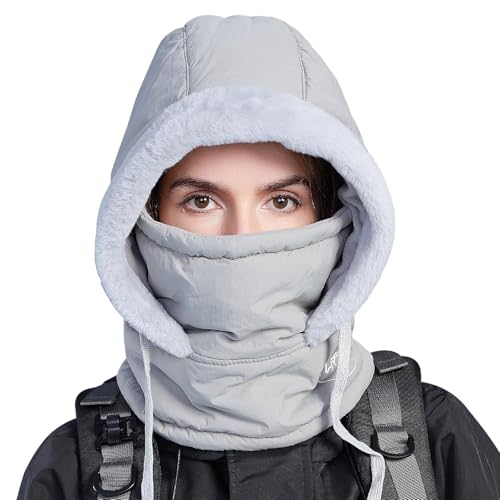 WANYIG Mütze Damen Wintermütze Schal Set Balaclava Winter Sturmhaube Schal und Mütze Set Haube Wasserdicht Winddicht Damenmützen Skimaske für Damen Herren(Hellgrau) von WANYIG