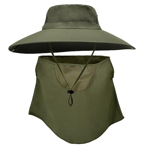 WANYIG Sonnenhut Herren Damen UV Schutz Mesh Hut Herren Sommer Fischerhut Sommerhut Regenhut Wasserdicht Bucket Hat Outdoor Wanderhut mit 13.5CM Breiter Krempe/Gesichts-Netz (Armeegrün) von WANYIG